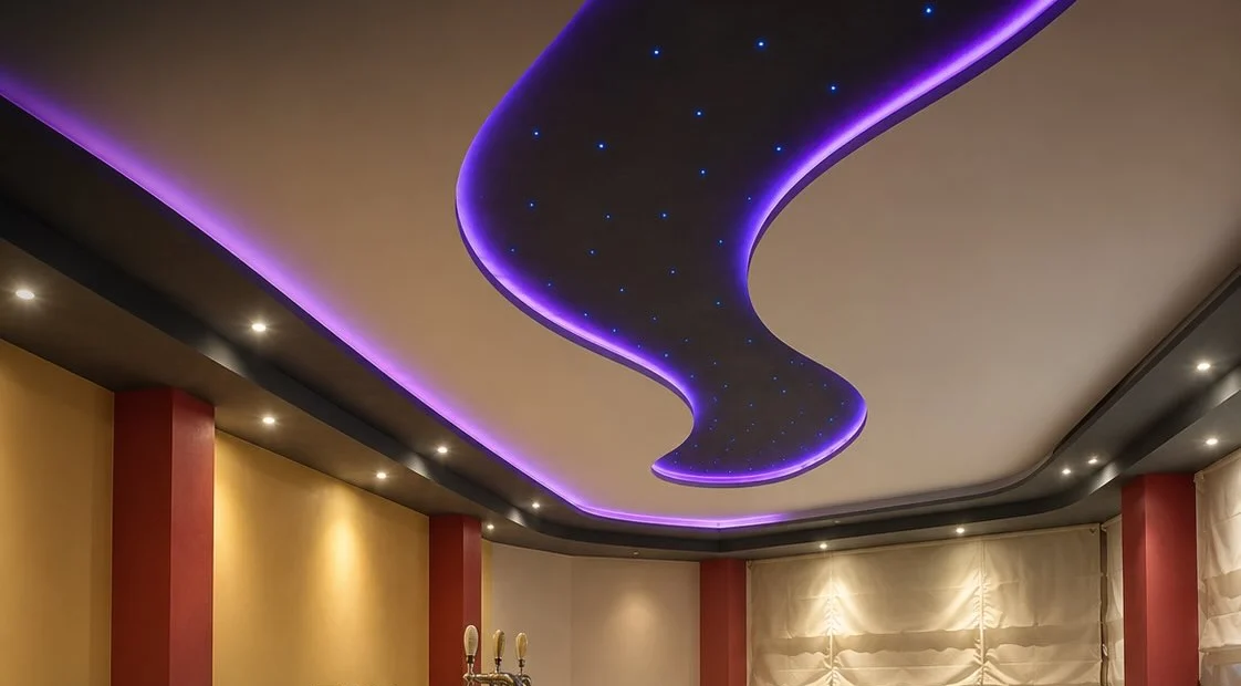 Sala con controsoffitto decorativo in cartongesso e LED integrati